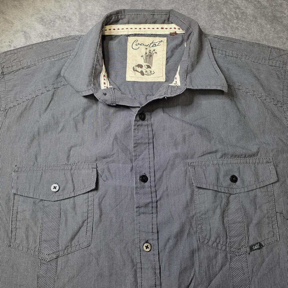 Vintage Coastal Shirt Mens XL Gray Stripe Short Sleeve Button Up Quilted Casual